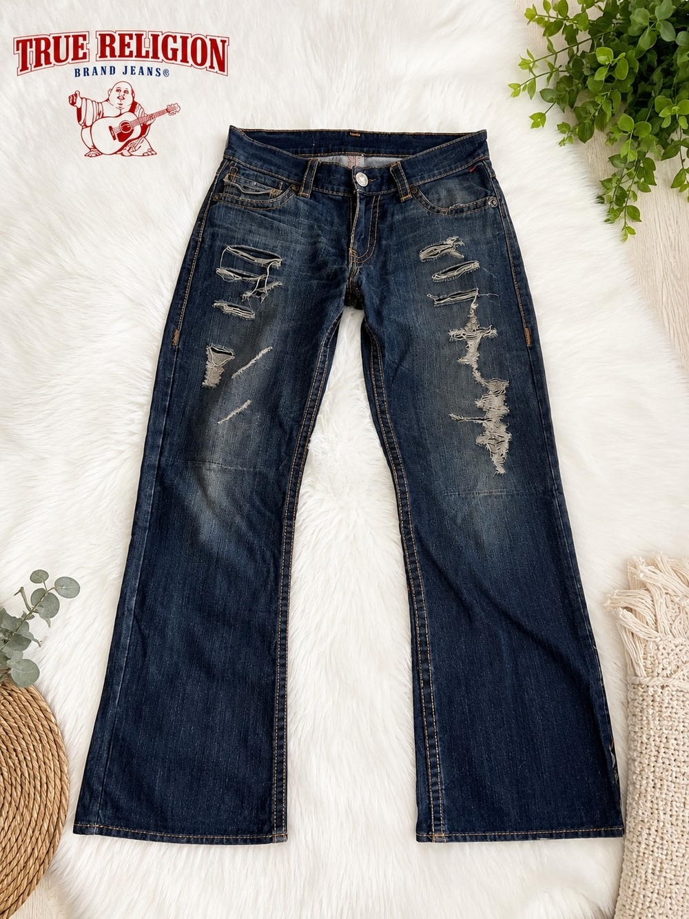 SZ32 True Religion Dark Blue Distressed Wide Leg Jeans